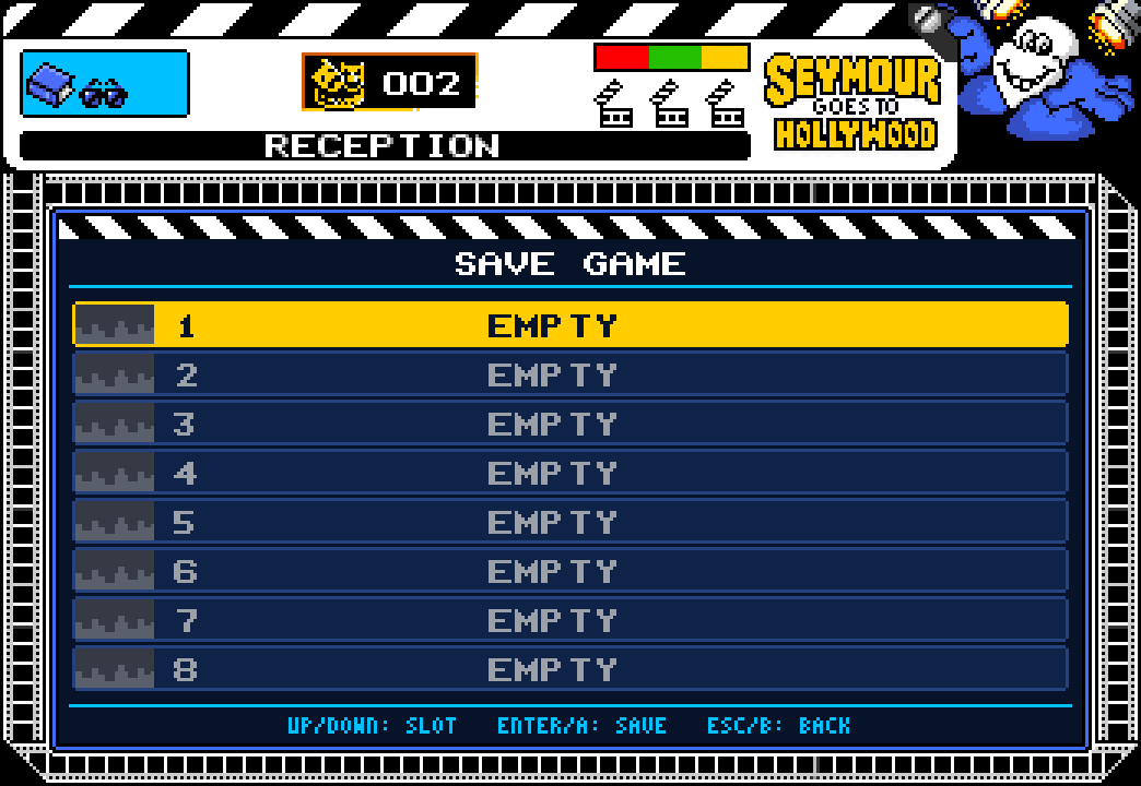 The save menu: eight slots, each with a picture