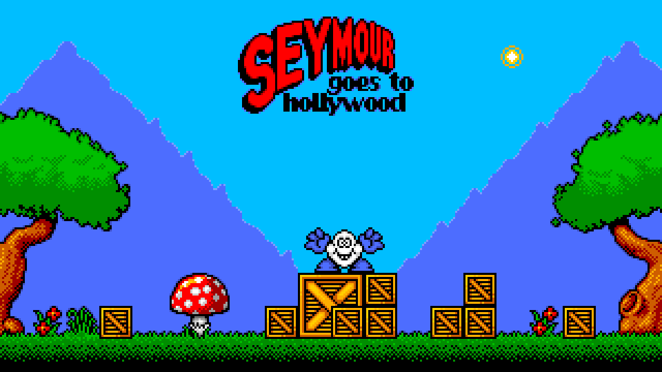 The title screen of Seymour Goes to Hollywood: the logo over mountains, trees and toadstools