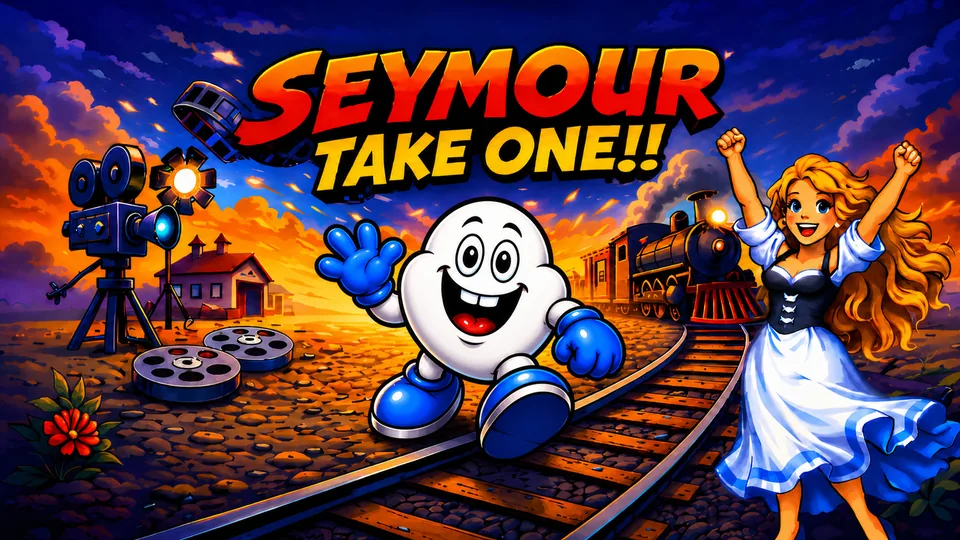Seymour and the leading lady on a railway track at sunset, with cameras and film reels